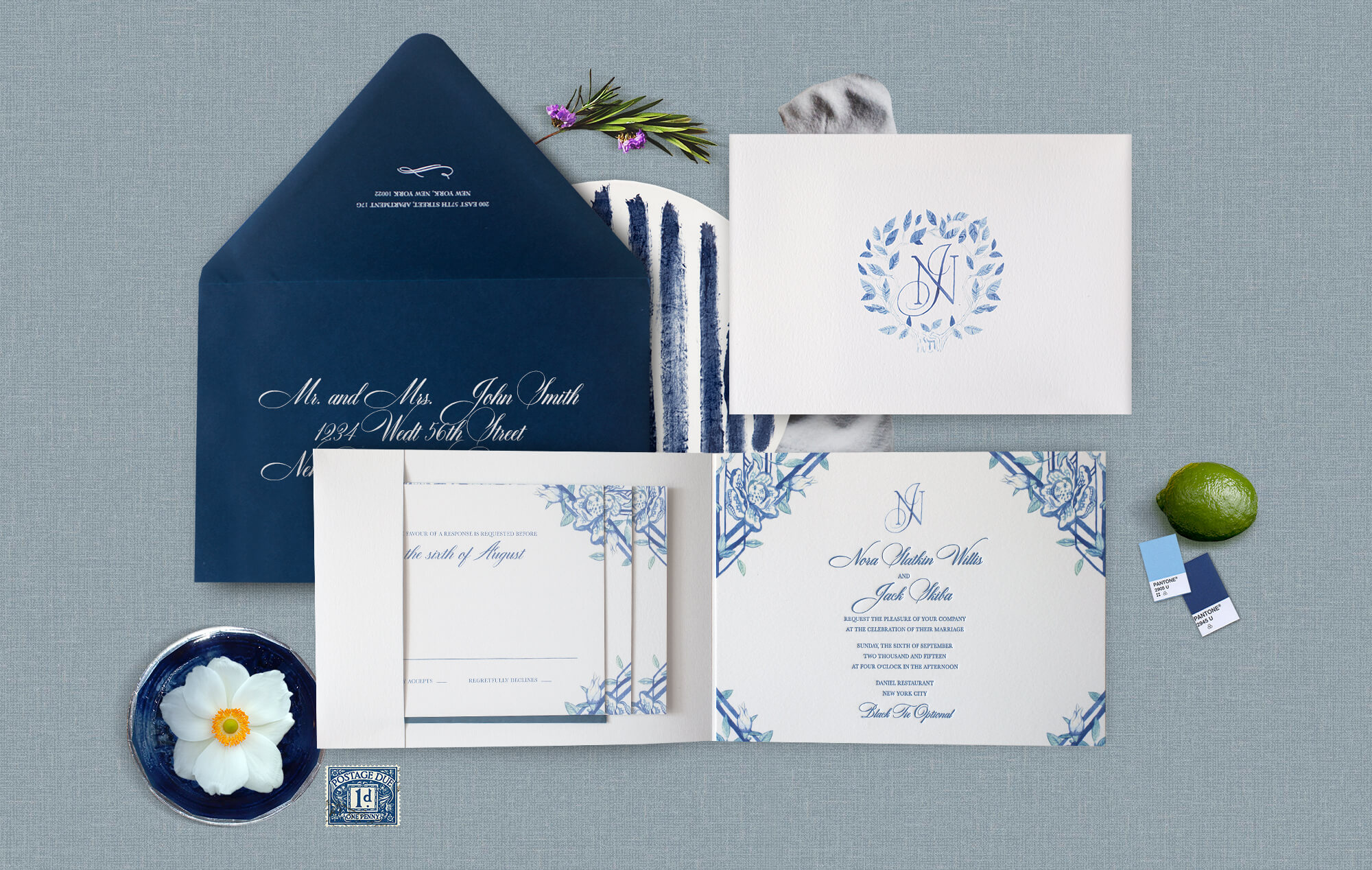 Geometric deco and floral watercolor wedding invitation