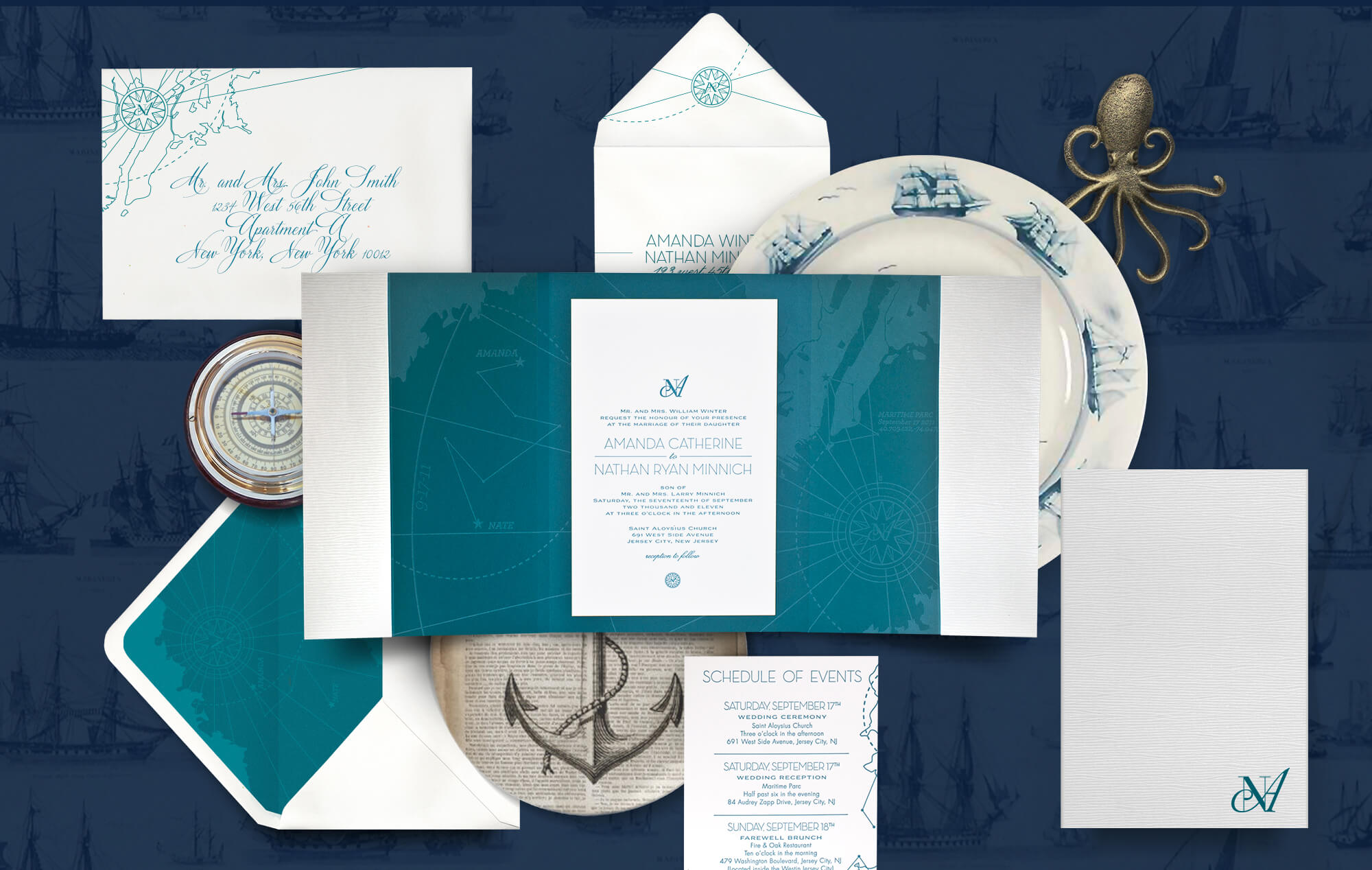 Modern nautical wedding invitation with letterpress details