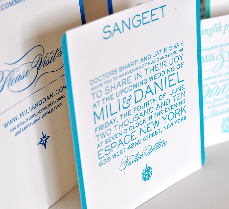 Sangeet card letterpress detail