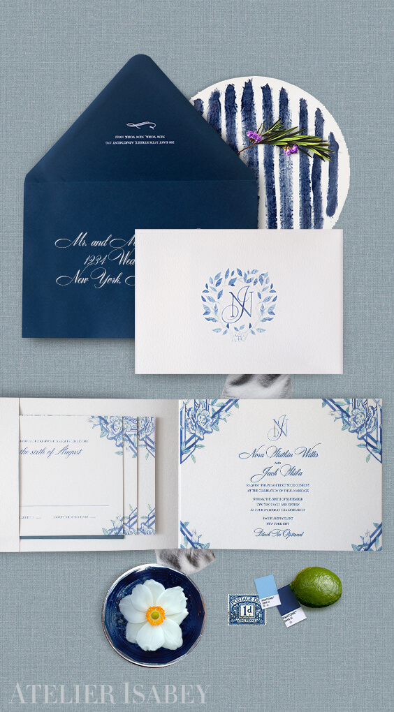 Blue and white watercolor wedding invitation
