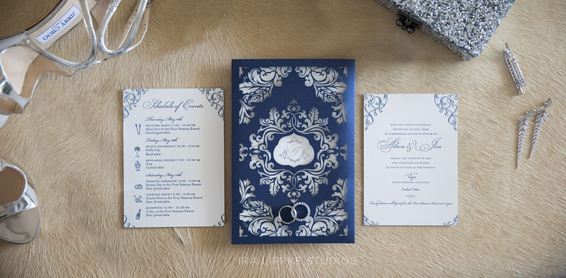 Navy blue laser cut sleeve and classic invitation