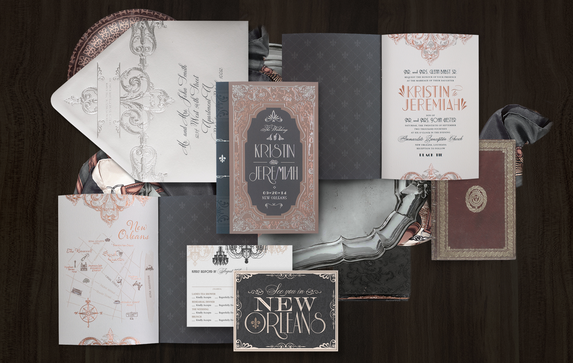 New Orleans fairytale meets Art Deco wedding invitation