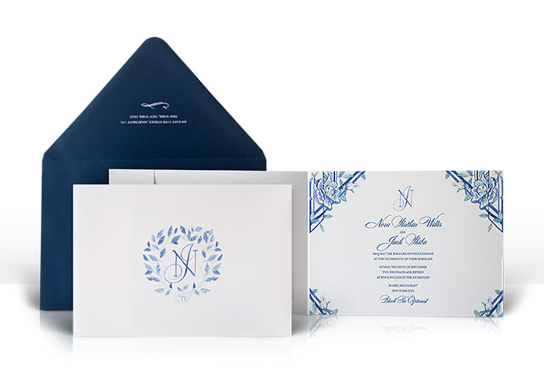 Blue and white watercolor wedding invitation