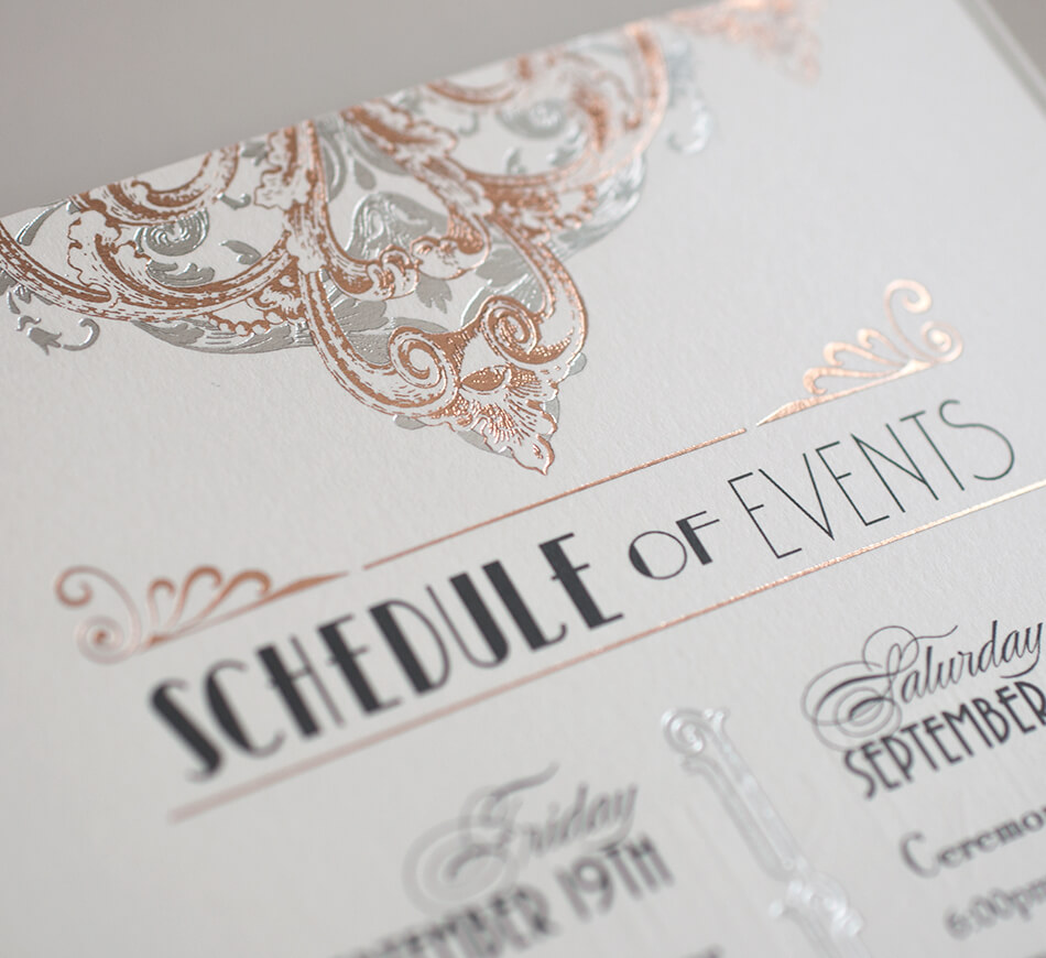 Rose gold and silver foil scrollwork