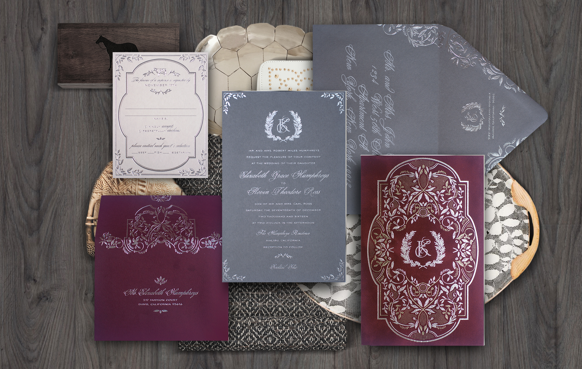Rustic glamour wedding invitation with velvet details