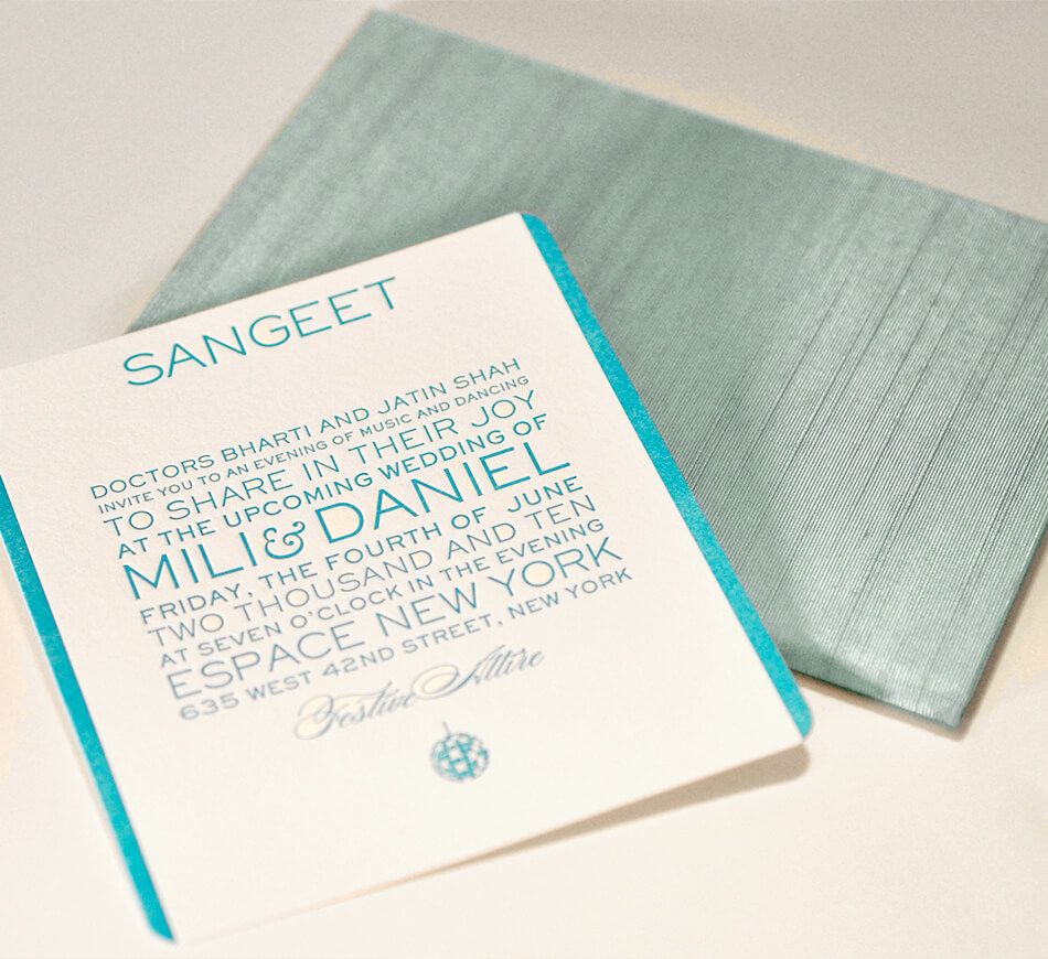 Letterpress sangeet card and fabric folder