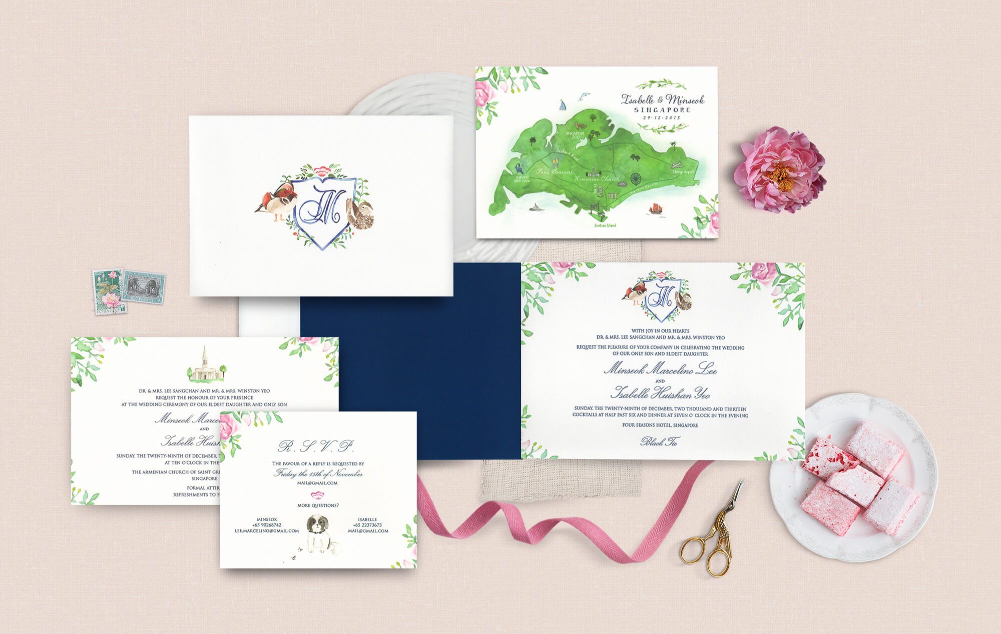 Singapore wedding invitation with watercolor illustrations