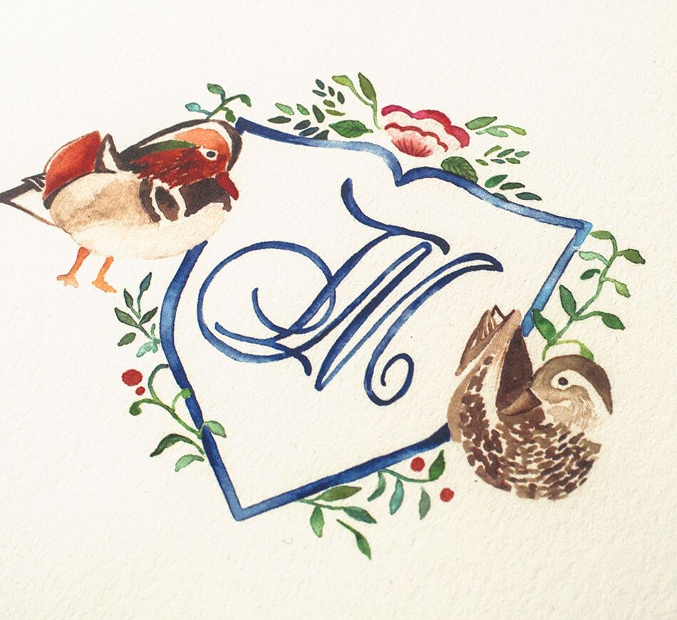 Watercolor crest with Mandarin ducks