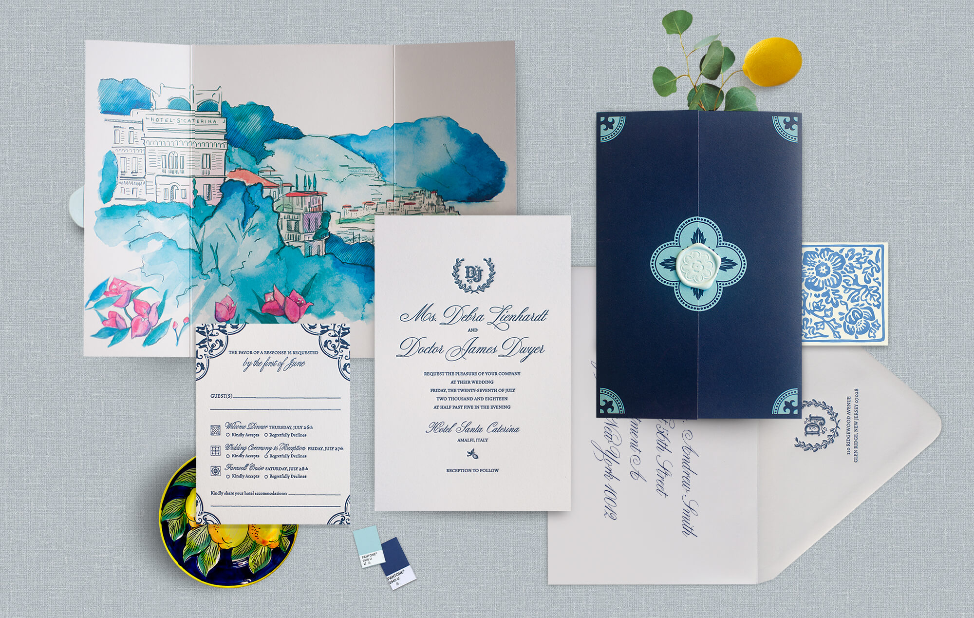 Amalfi Coast watercolor wedding invitation