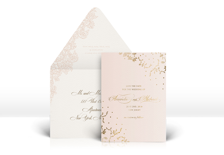 Pink and gold lace save the date