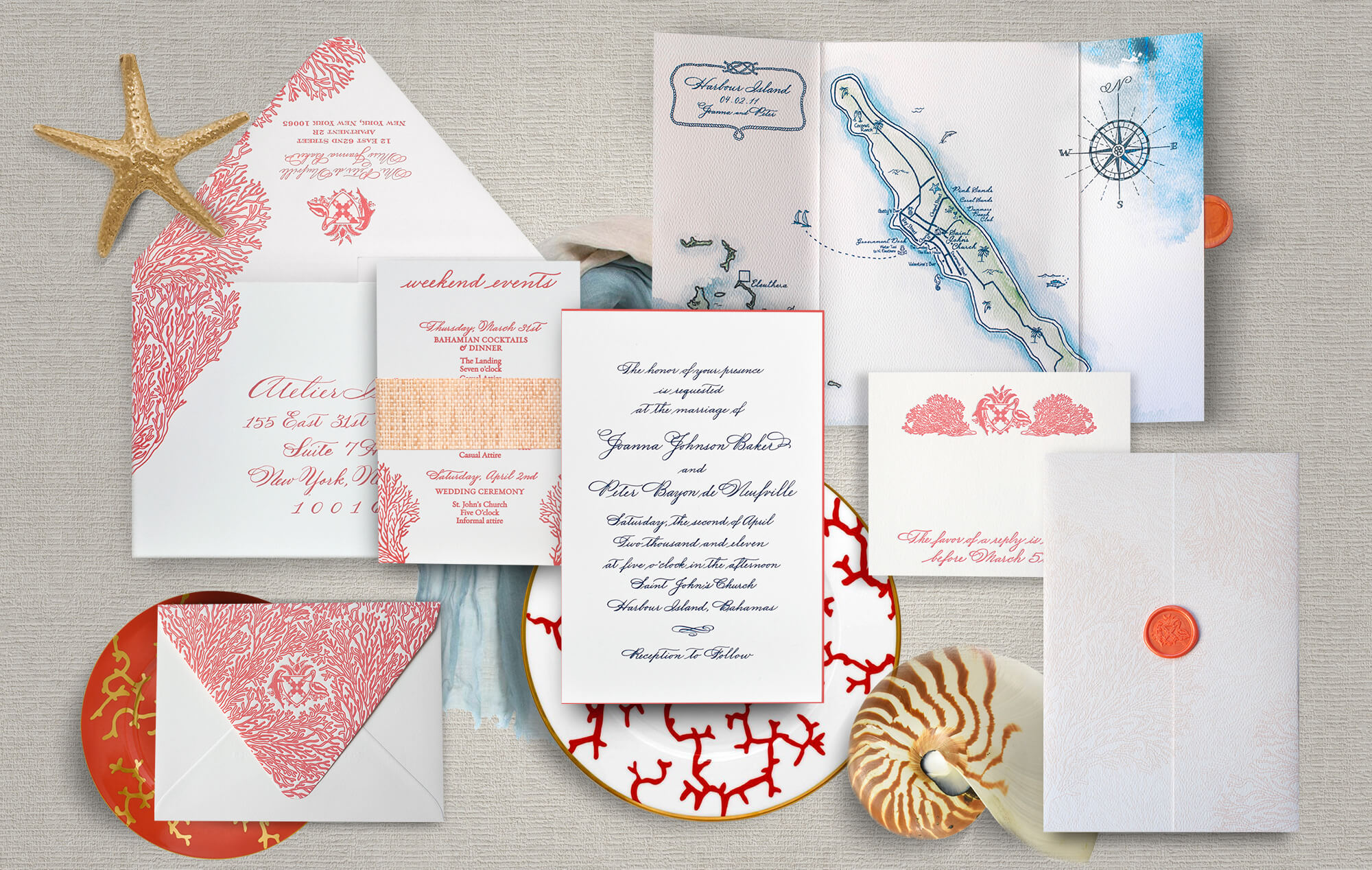 Bahamas watercolor and coral wedding invitation