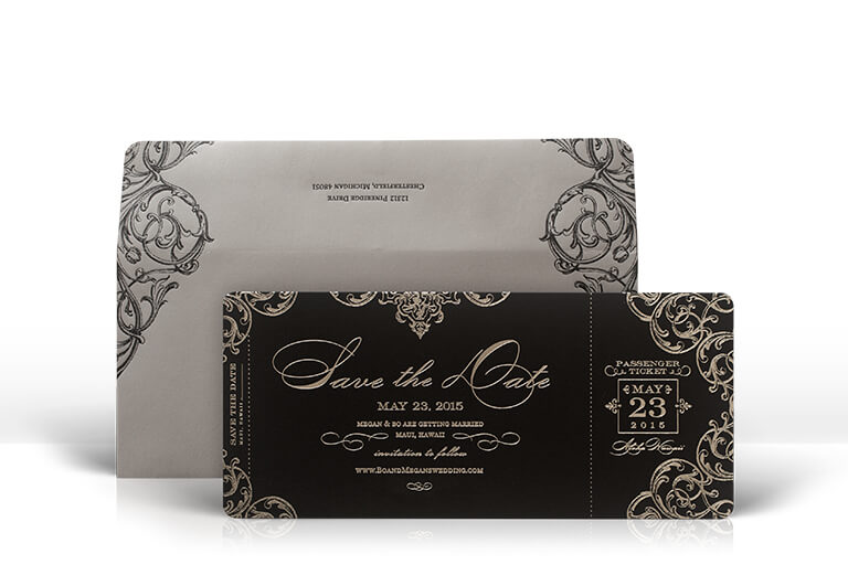 Ornate black and silver save the date