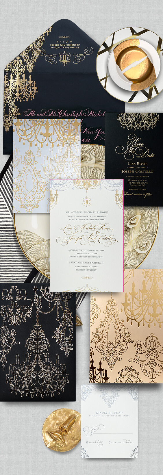 Glamorous chandelier wedding invitation with a laser cut sleeve
