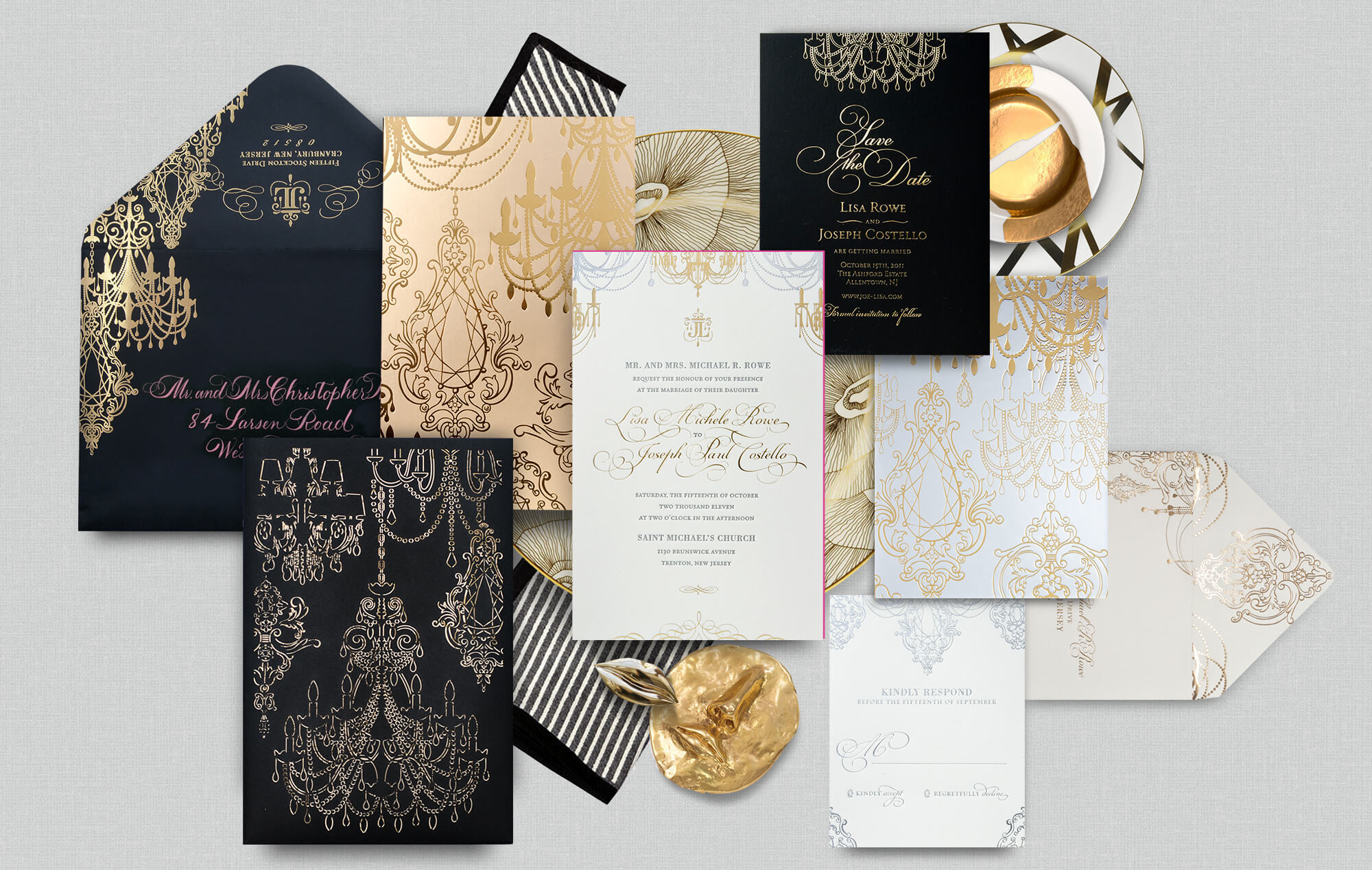 Black and gold chandelier wedding invitation with laser cut sleeve