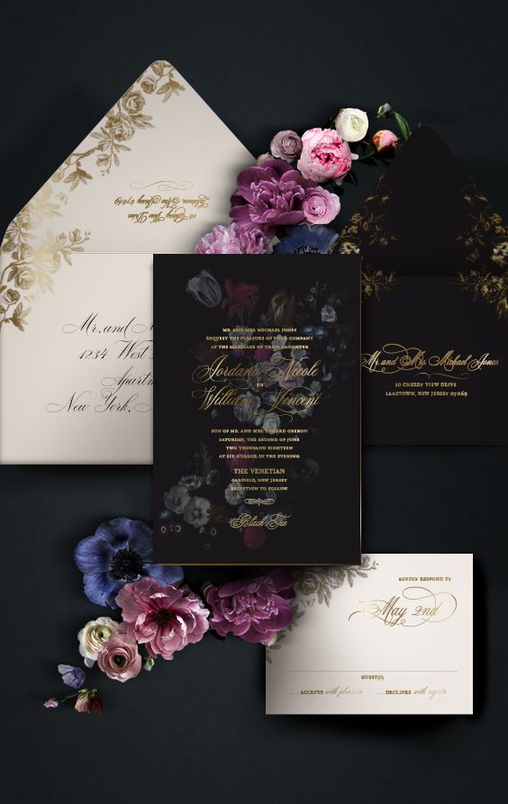 Dark moody floral wedding invitation with gold foil