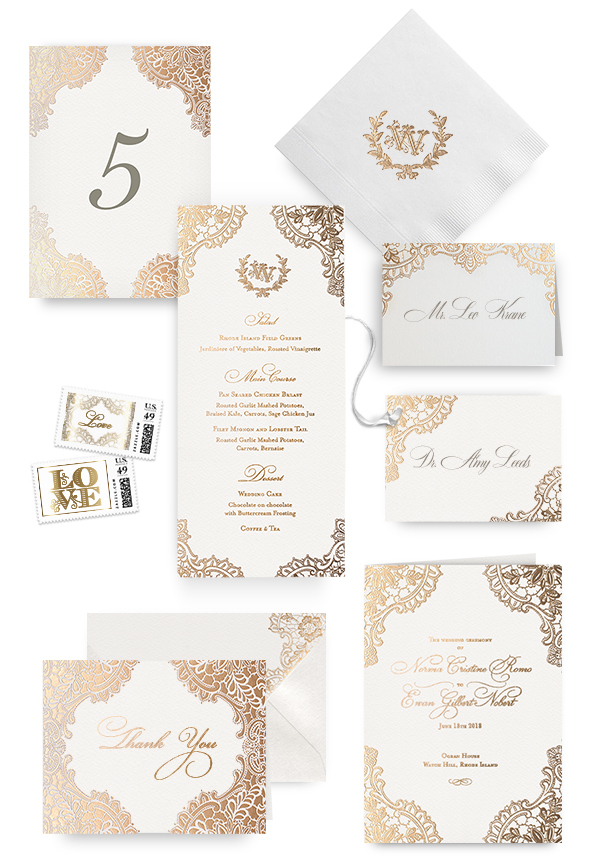 Ornate gold lace napkins, table cards, escort and place cards