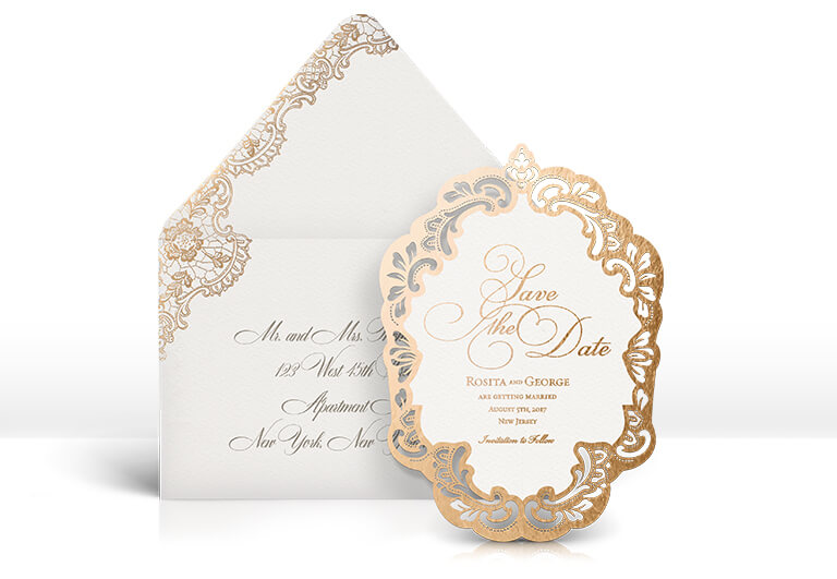 Gold laser cut lace save the date