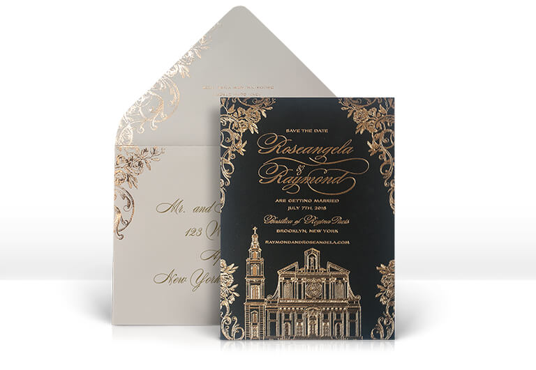 Ornate black and gold save the date