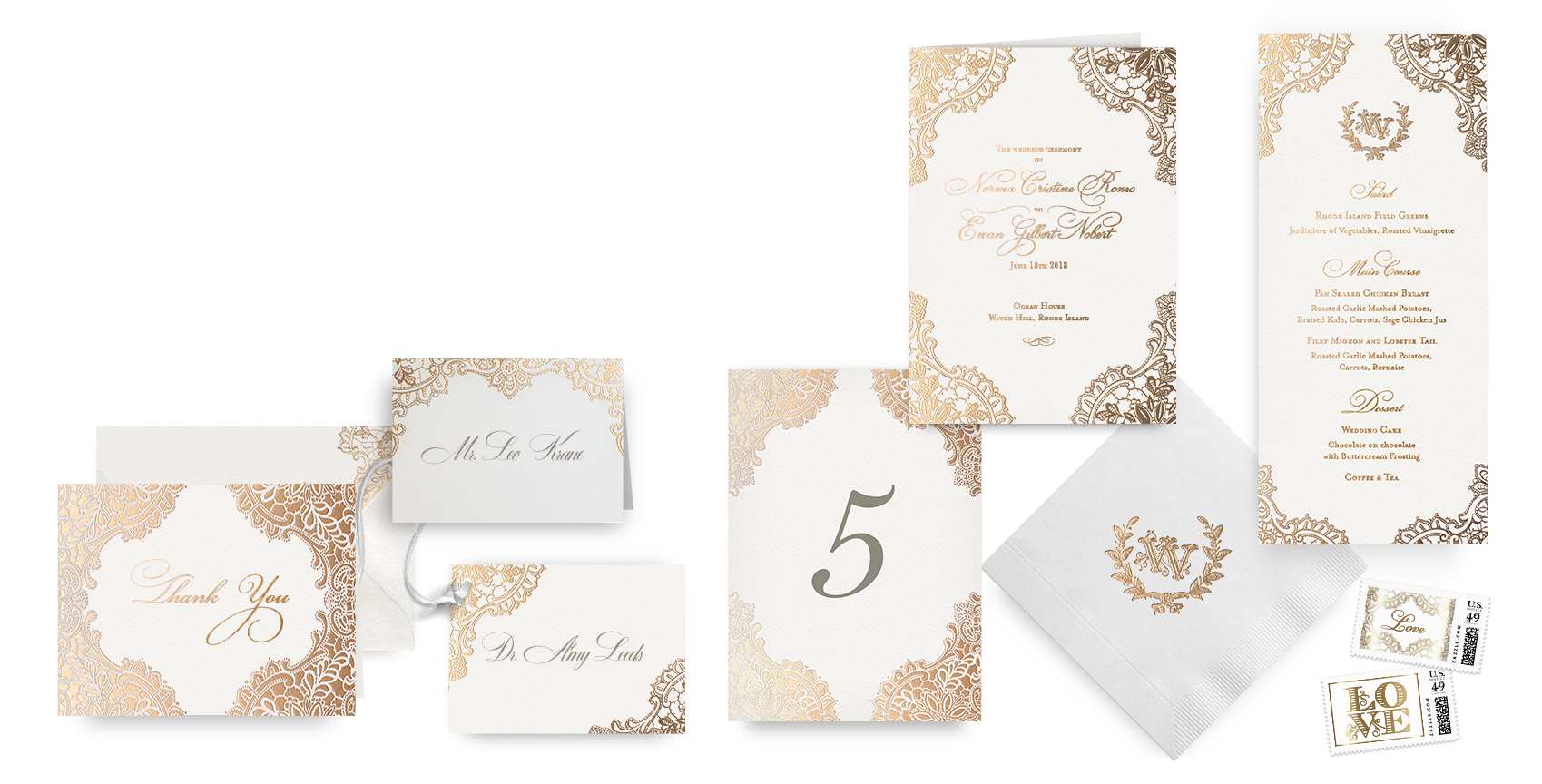 Ornate gold lace menus, programs and wedding accessories