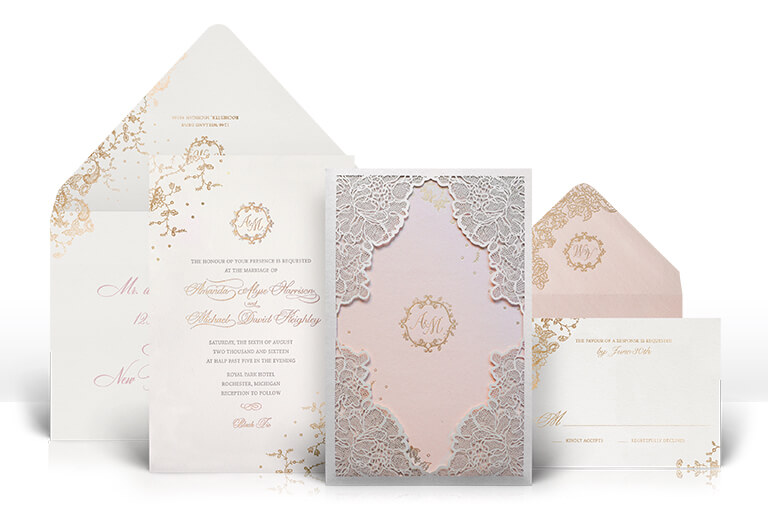 Blush pink and ivory lace wedding invitation
