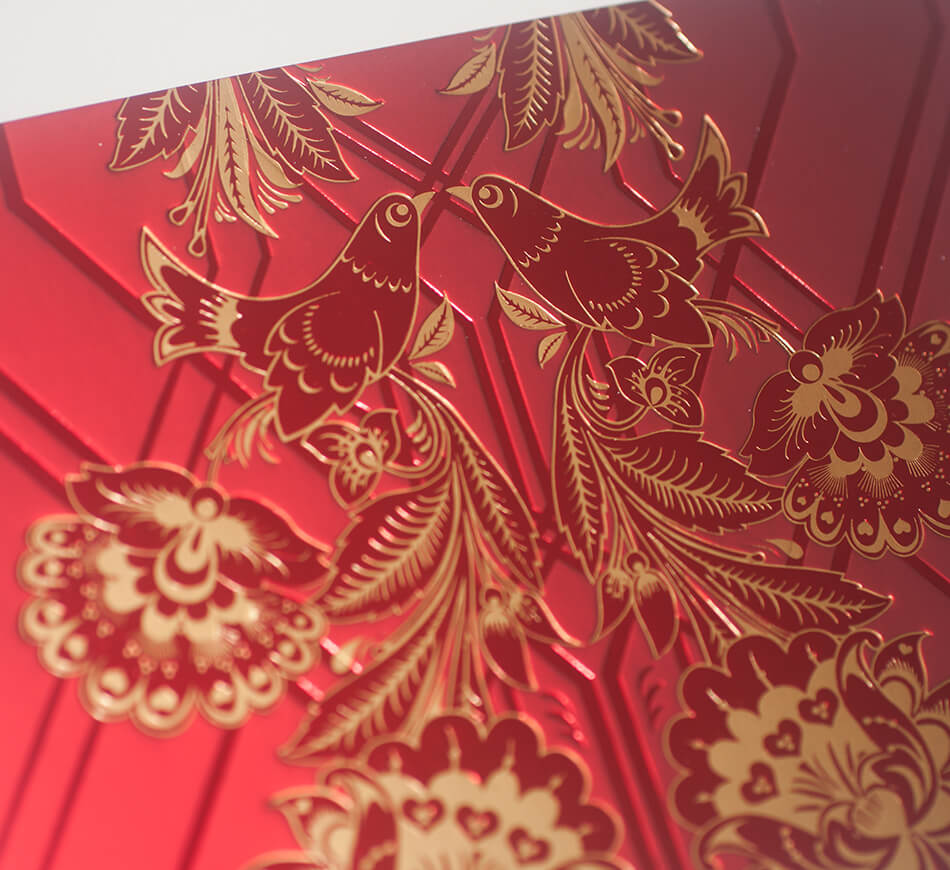Lovebirds printed in red and gold foil
