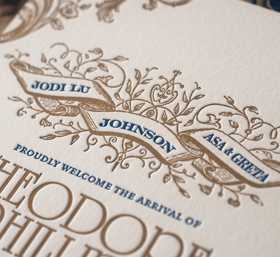 Blue and gold letterpress details