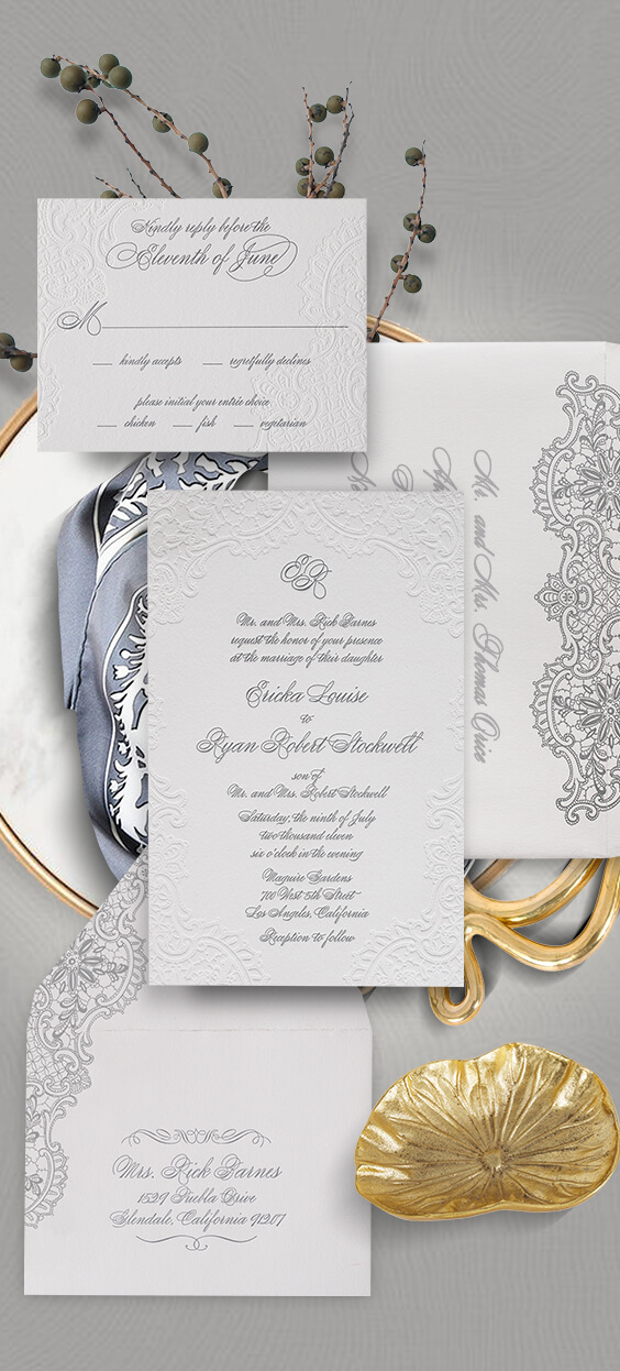 White lace letterpress wedding invitation