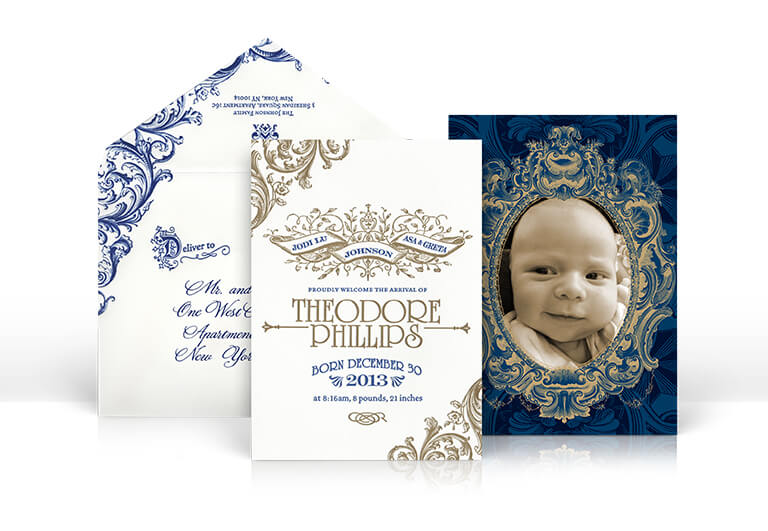 Scrollwork baby photo announcement