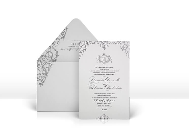 Silver ornate scroll wedding invitation