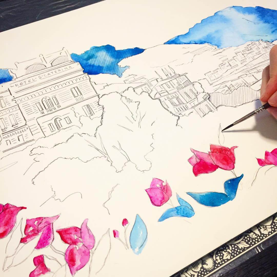 Watercolor illustration of the Amalfi Coast