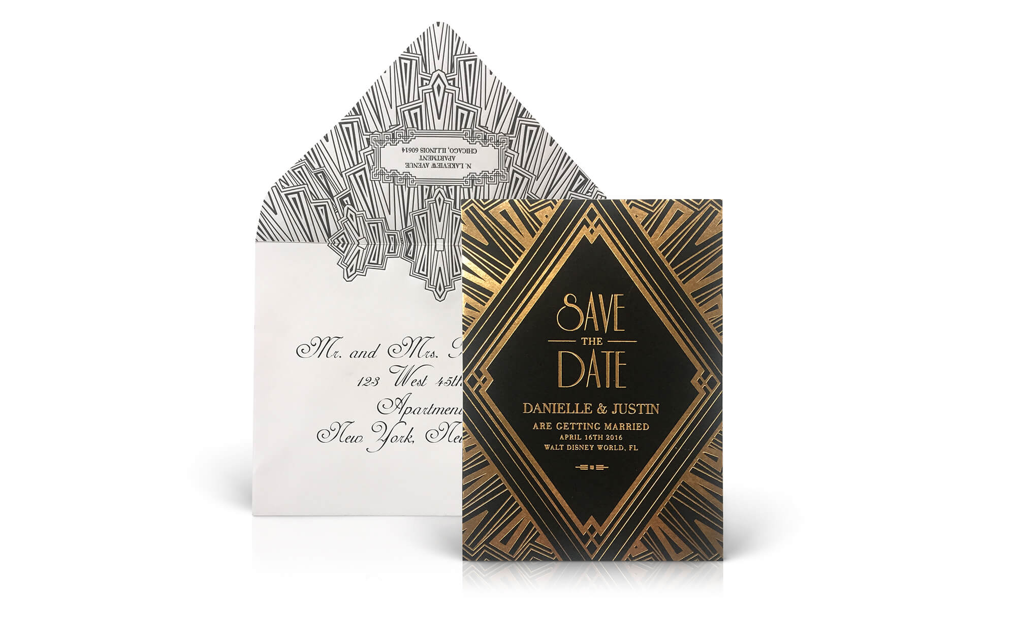 Art Deco black and gold save the date