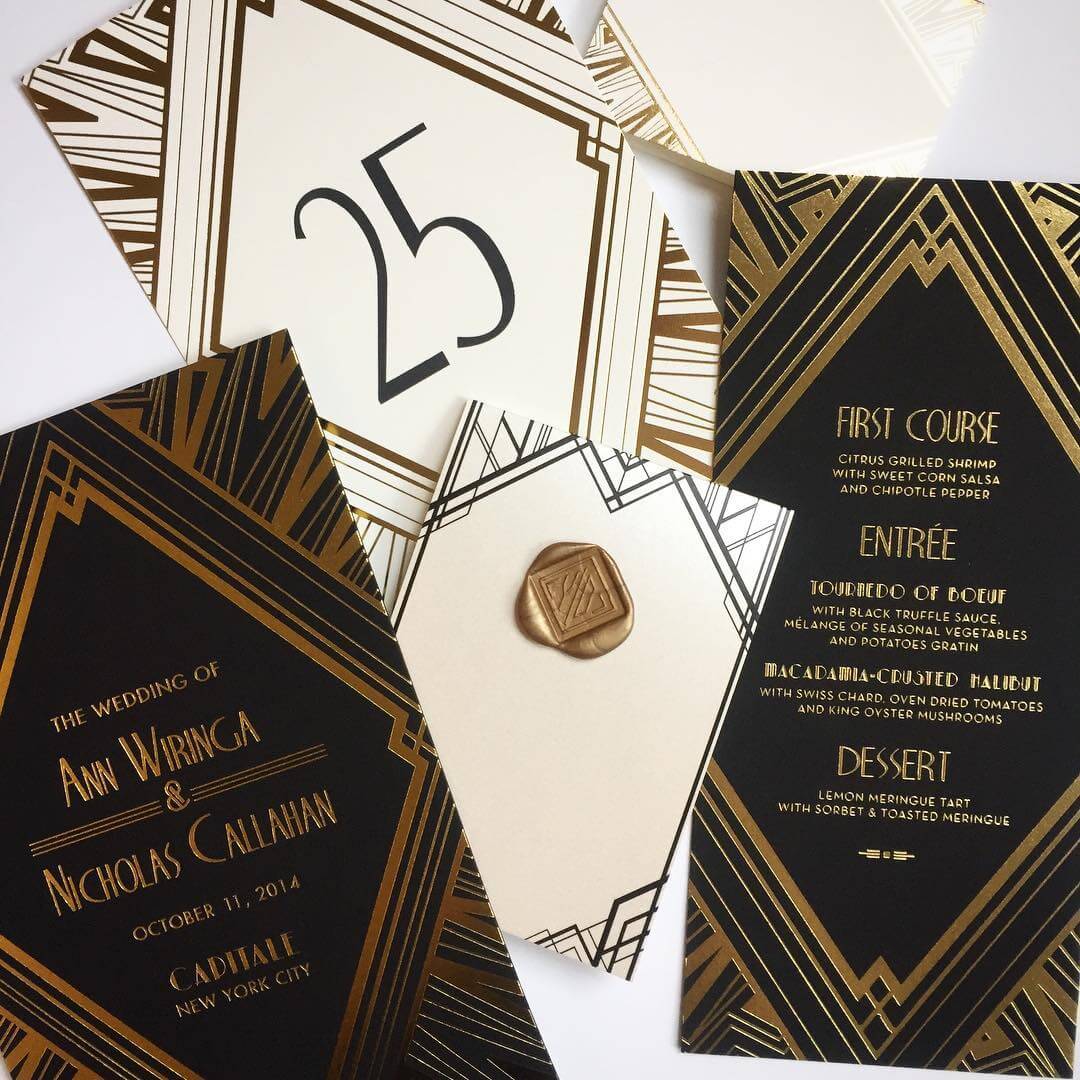 Art deco menu, table card and program