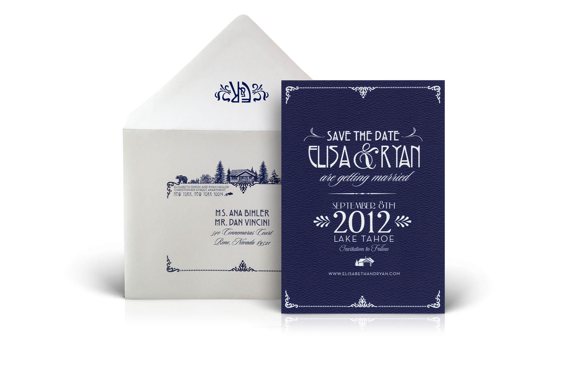 Art Nouveau navy blue save the date