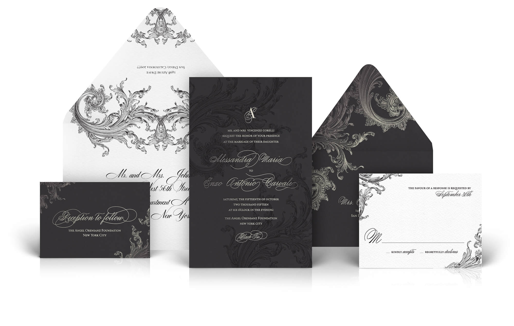 Ornate black and silver letterpress wedding invitation