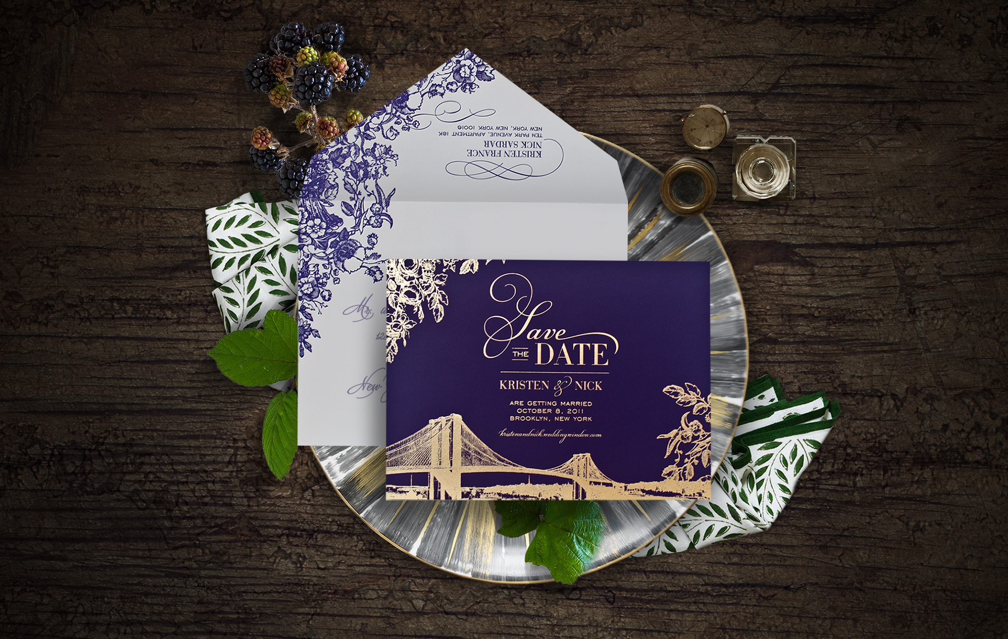 Purple and gold Brooklyn bridge save the date