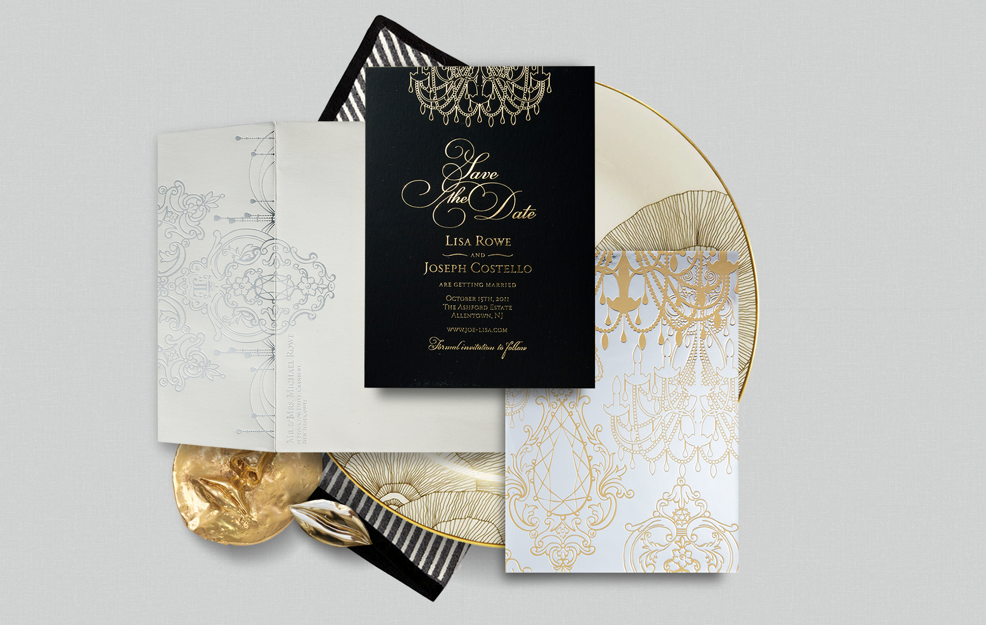 Gold foil chandelier and crystal save the date