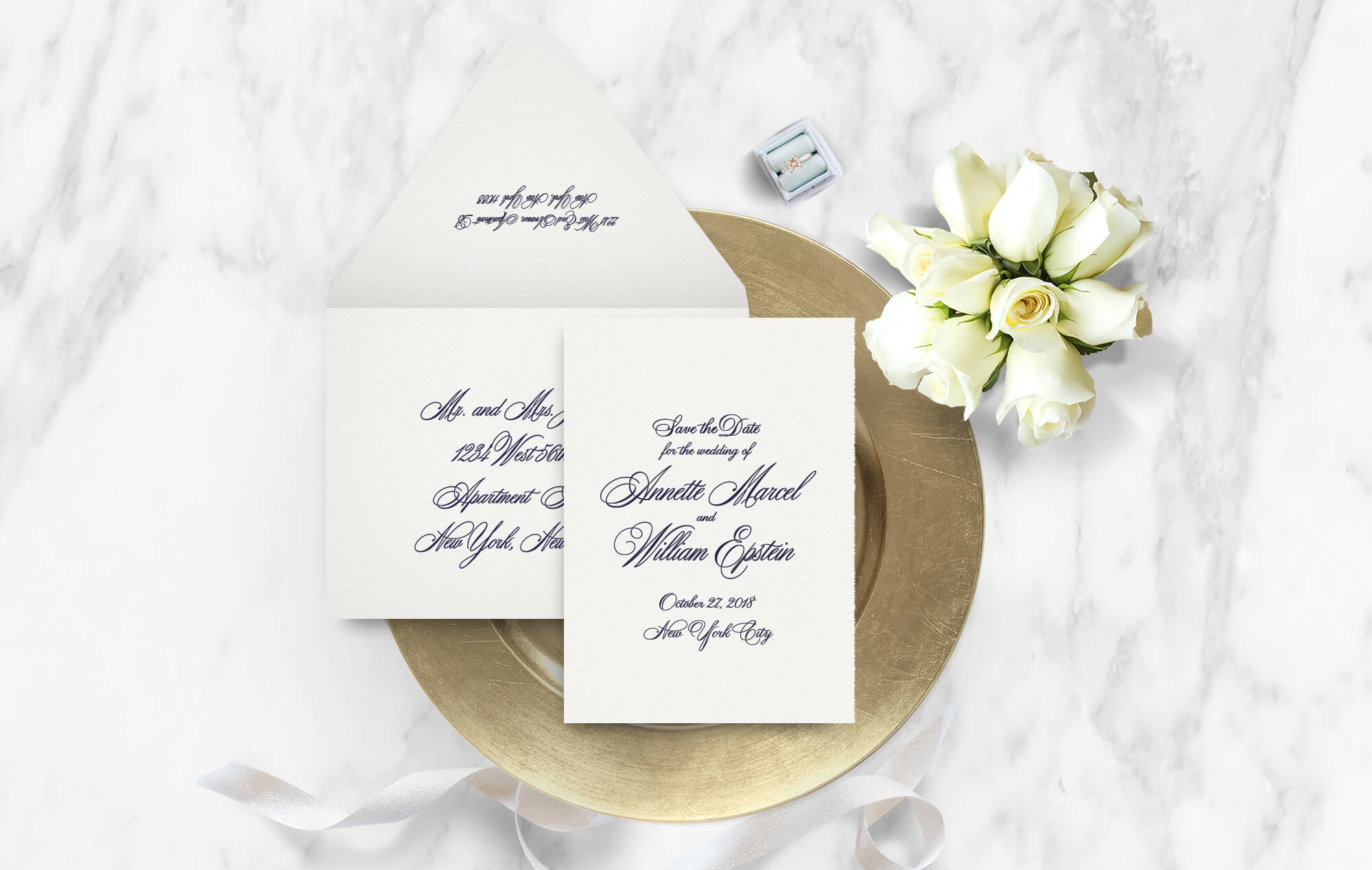 Classic calligraphy save the date and envelope