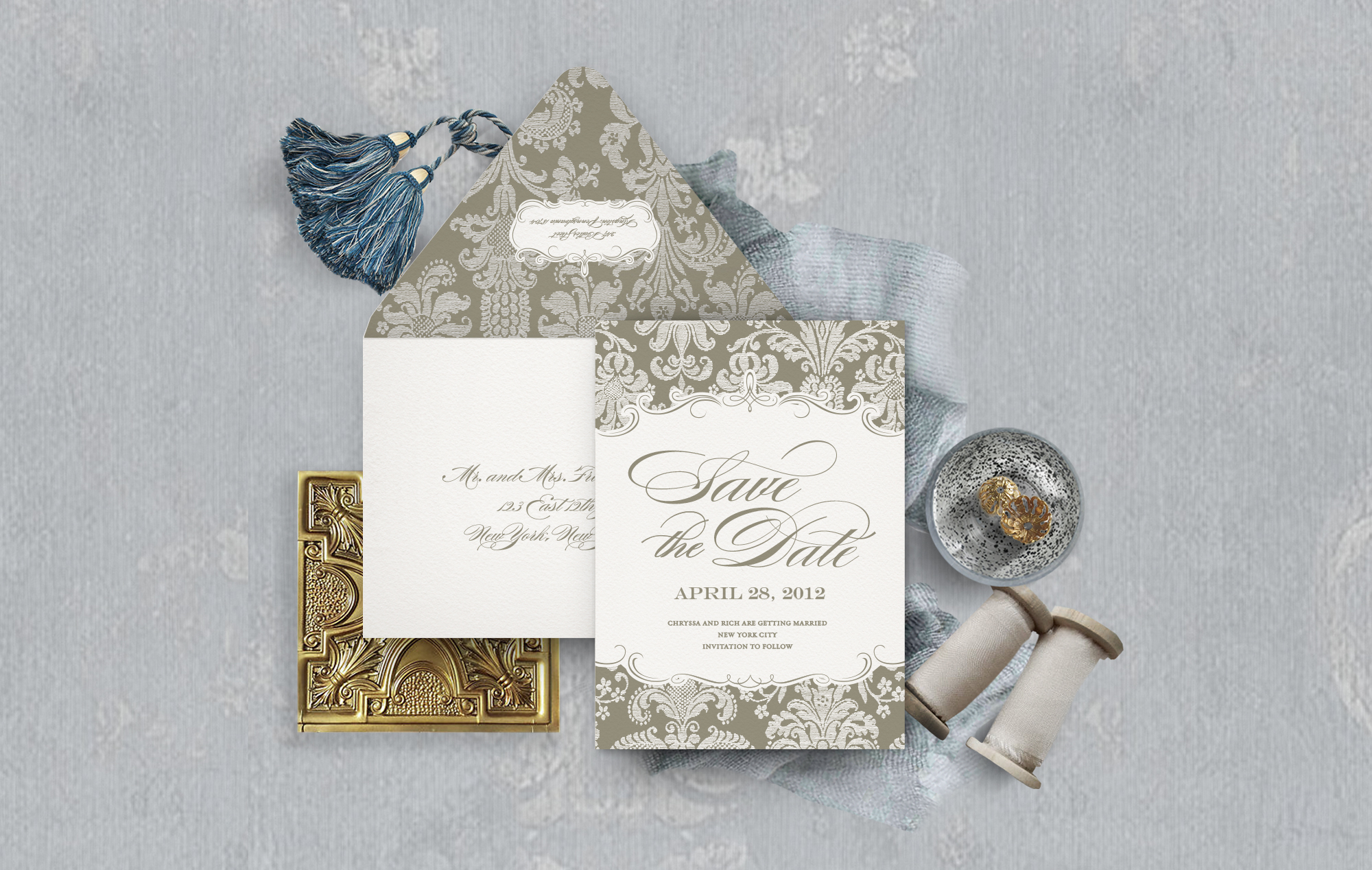 Ornate letterpress damask save the date