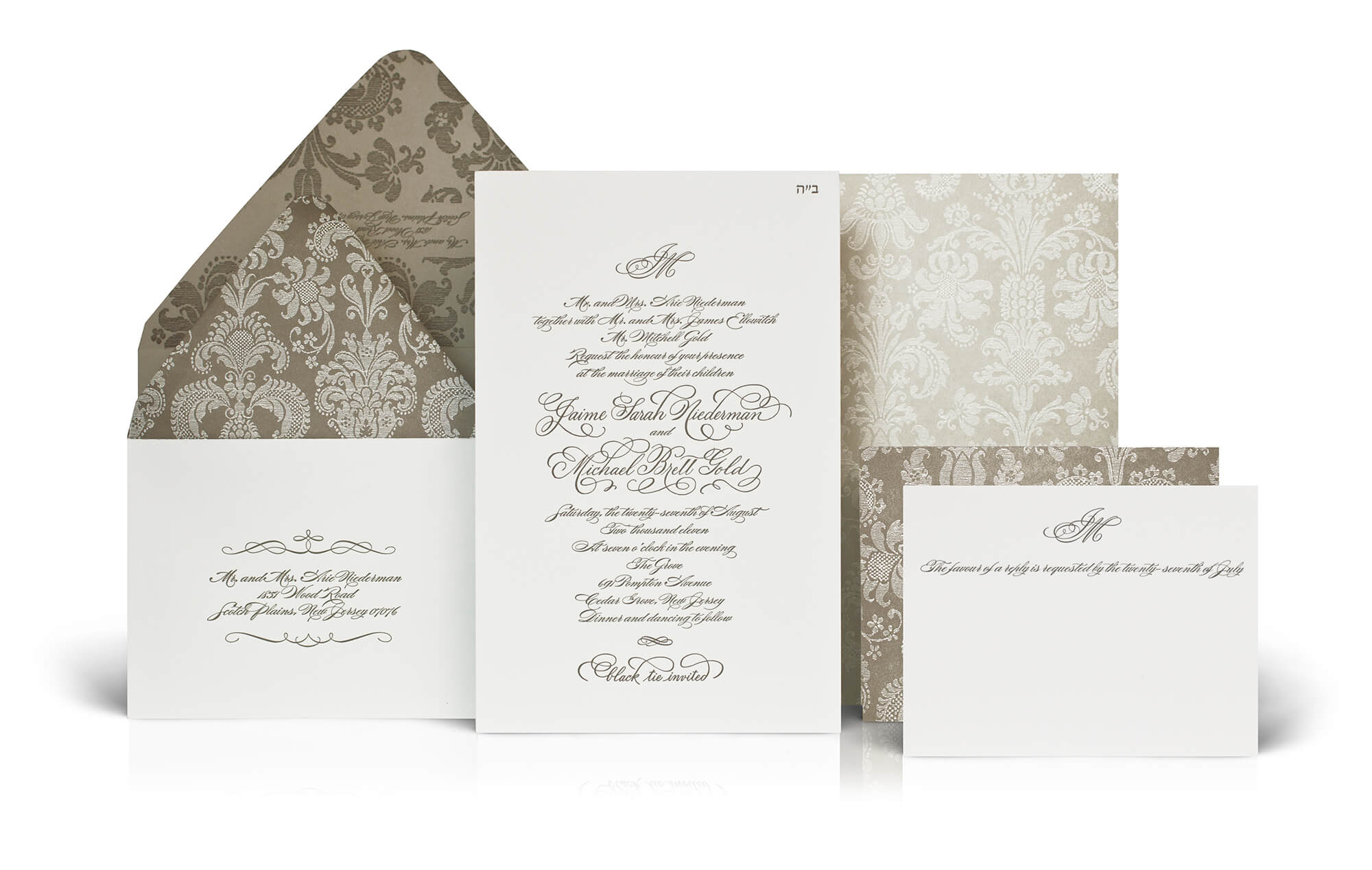 Damask and calligraphy wedding invitation