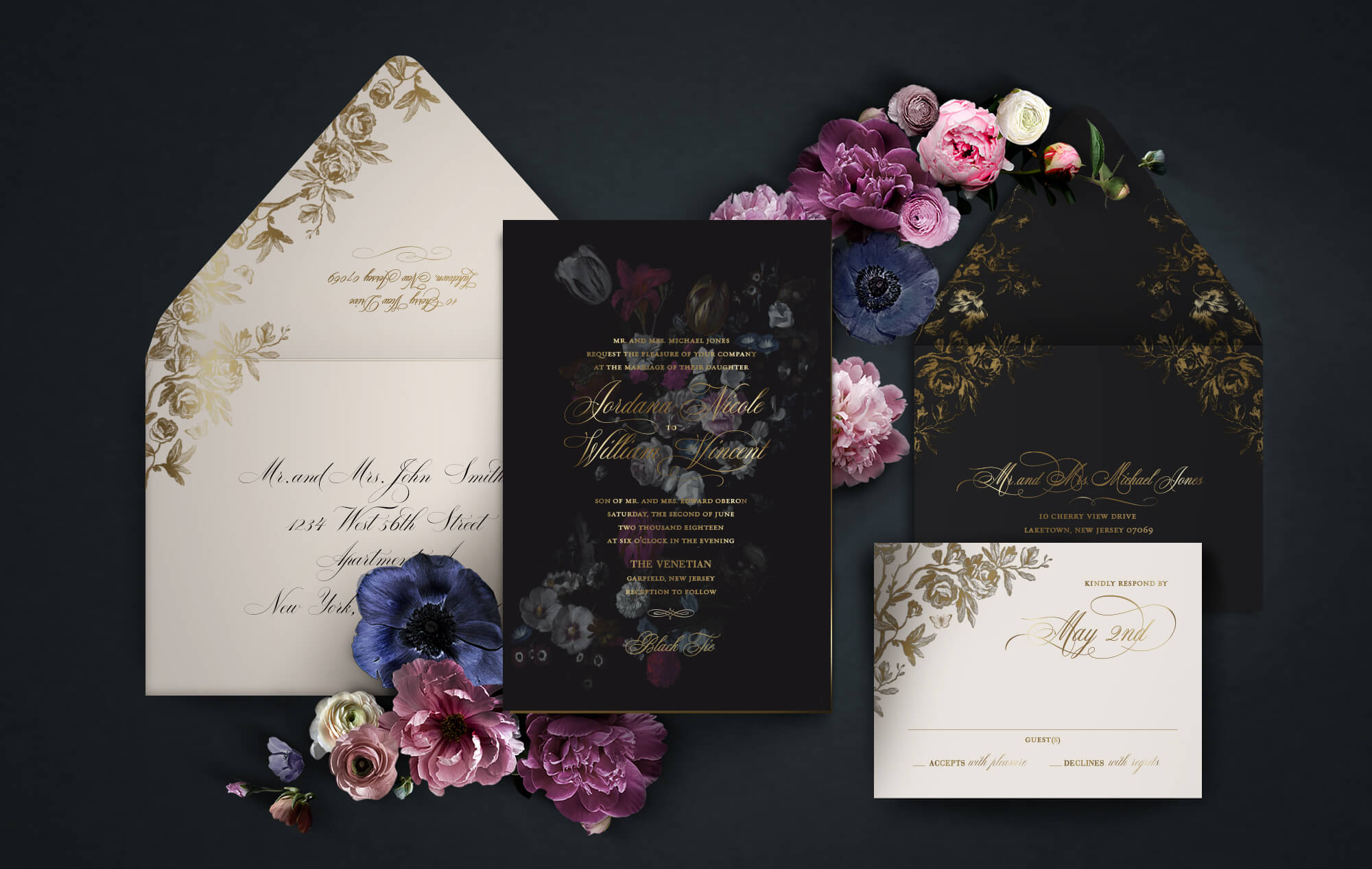 Dark moody floral wedding invitation