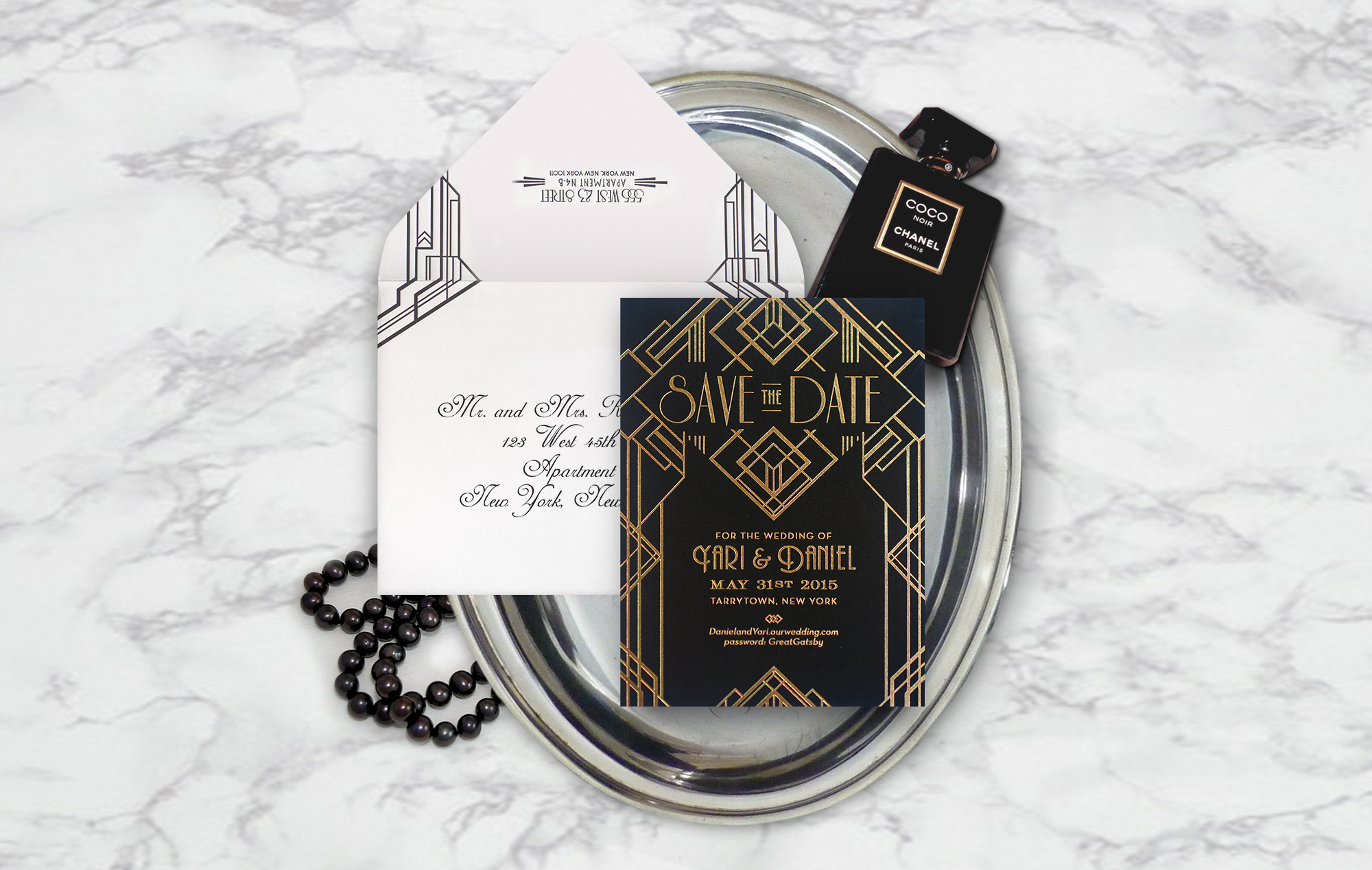 1920s Art Deco save the date in black and gold