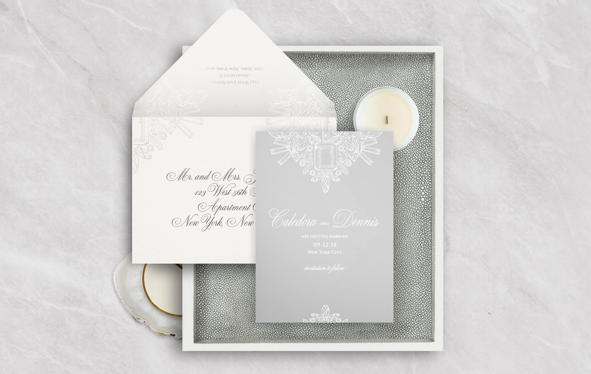 Elegant diamond and gem wedding save the date