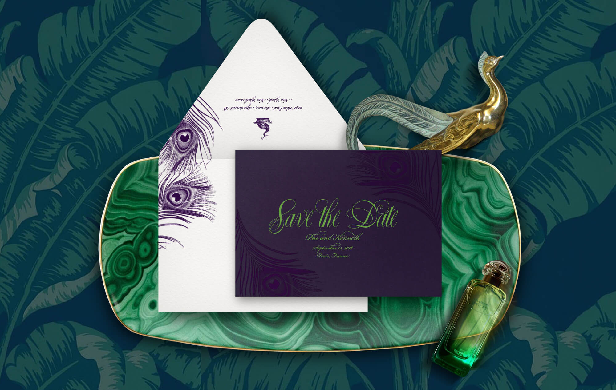 Elegant peacock save the date