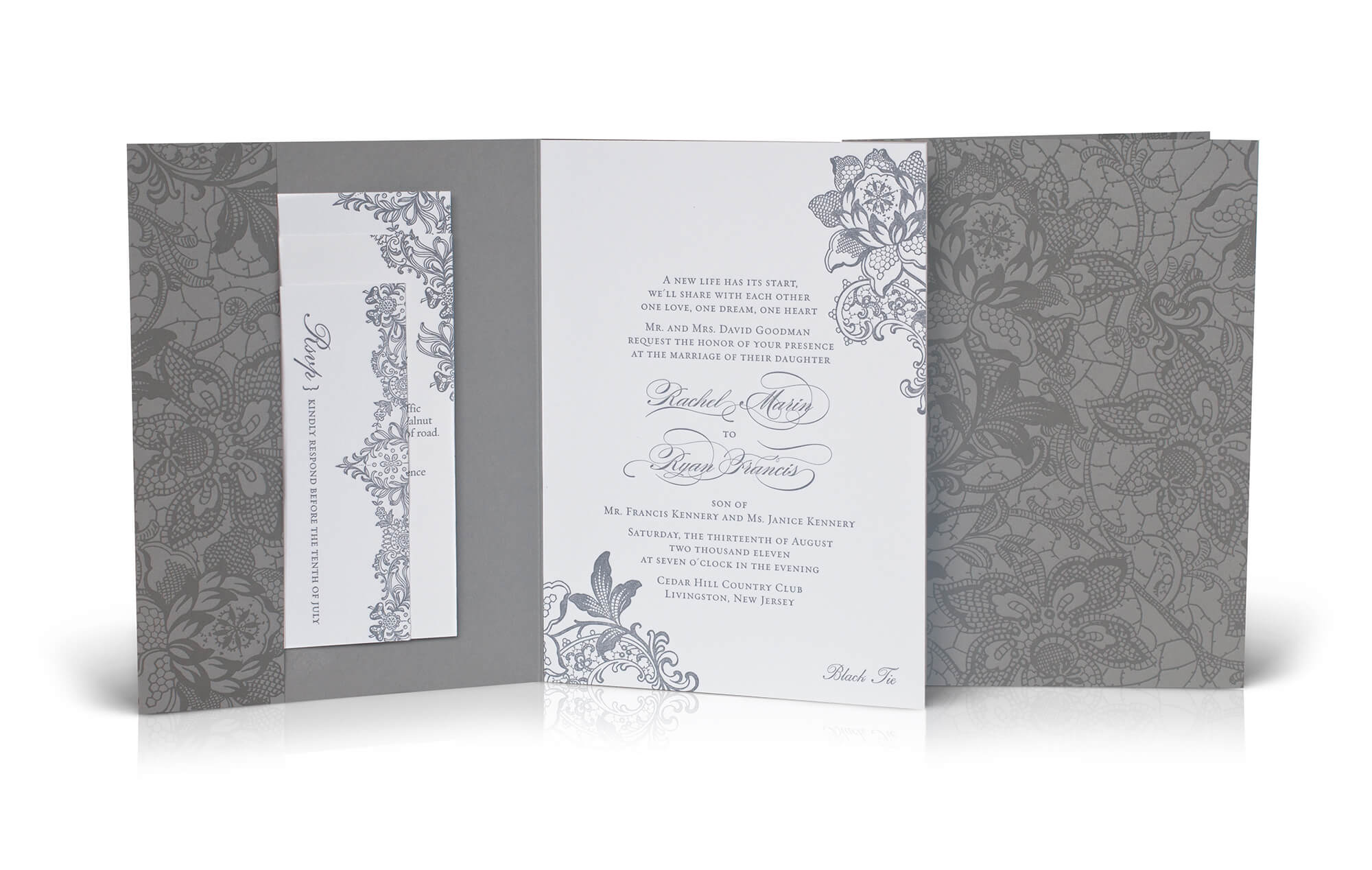 Grey lace letterpress wedding invitation folder