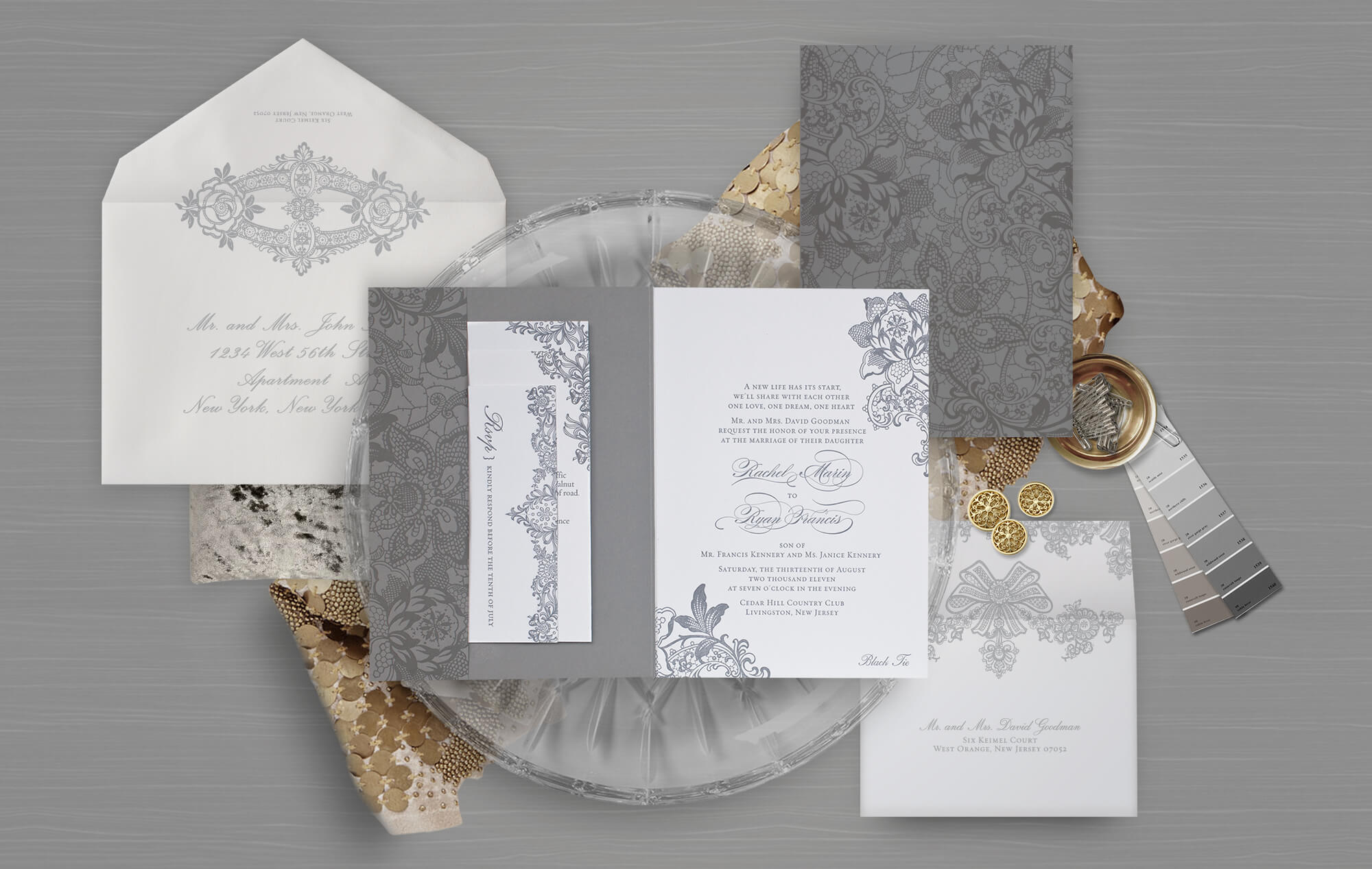 Lace letterpress wedding invitation suite