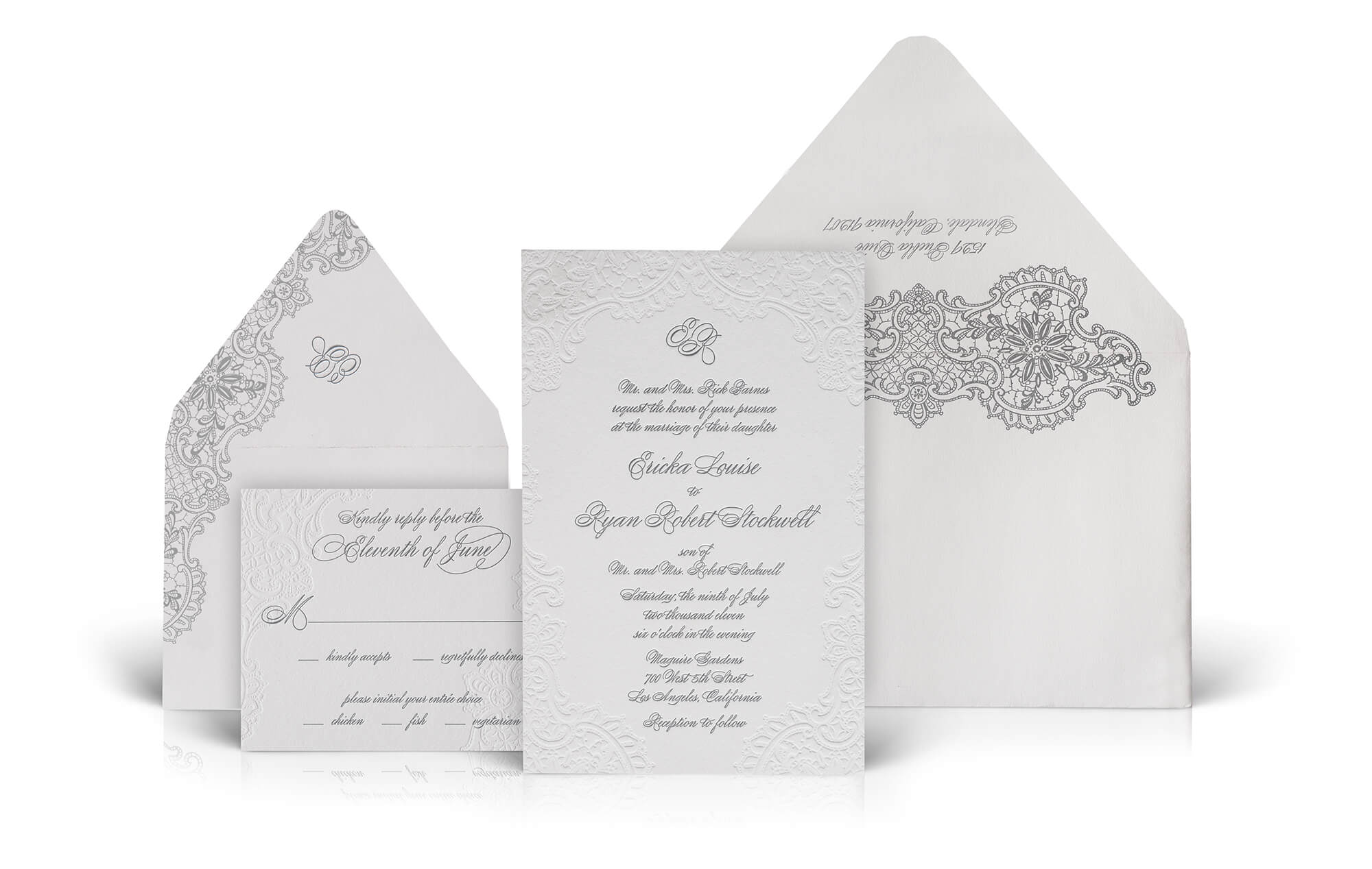 Letterpress classic lace wedding invitation