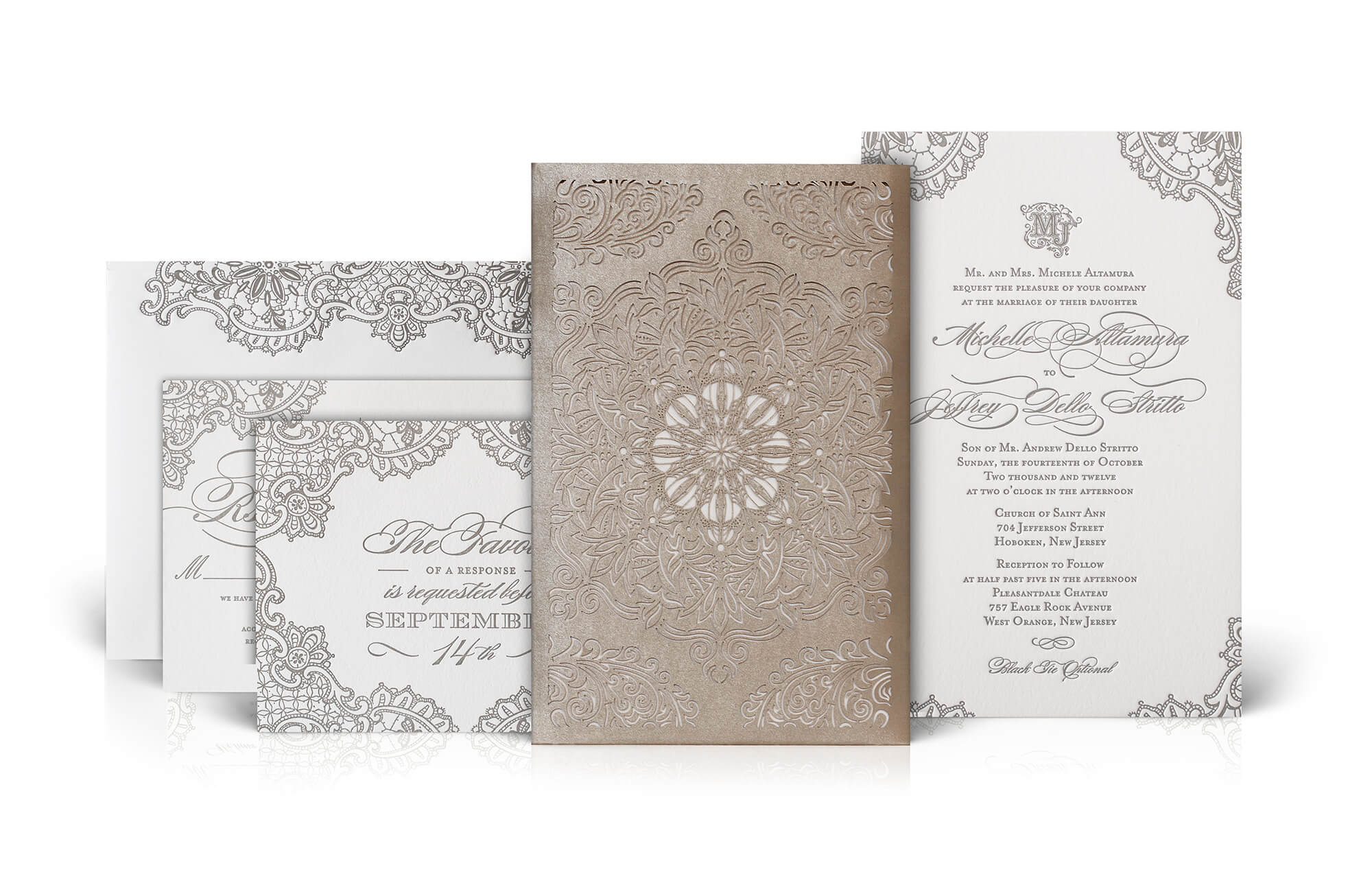 Laser cut antique lace wedding invitation