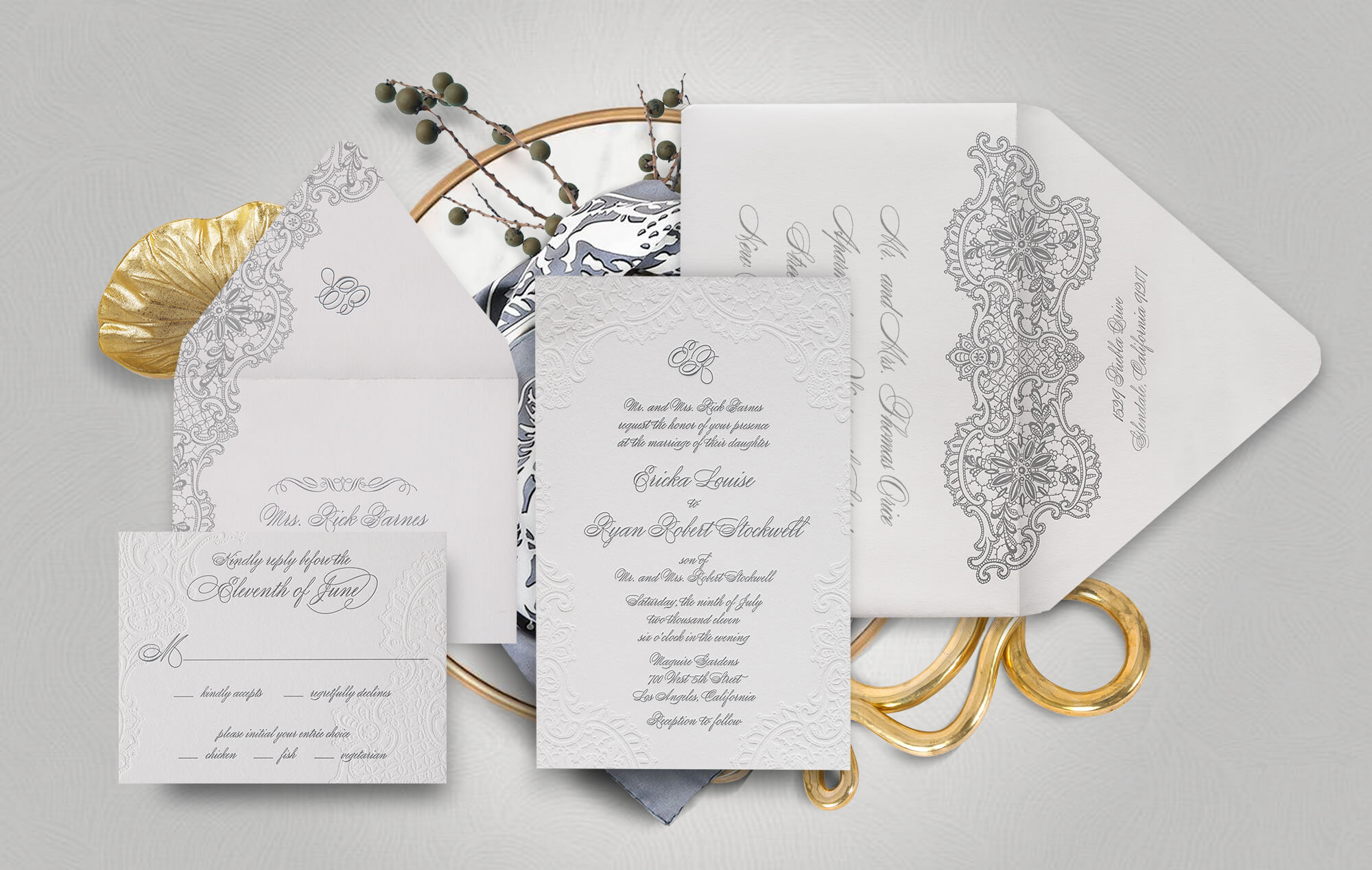 Letterpress vintage lace wedding invitation