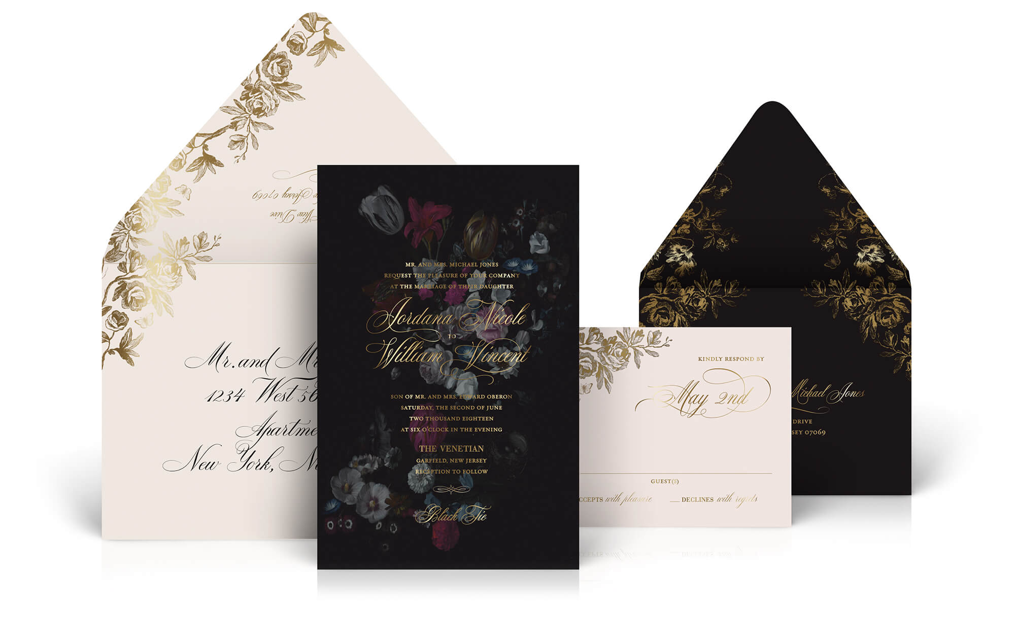 Dark floral and gold foil wedding invitation