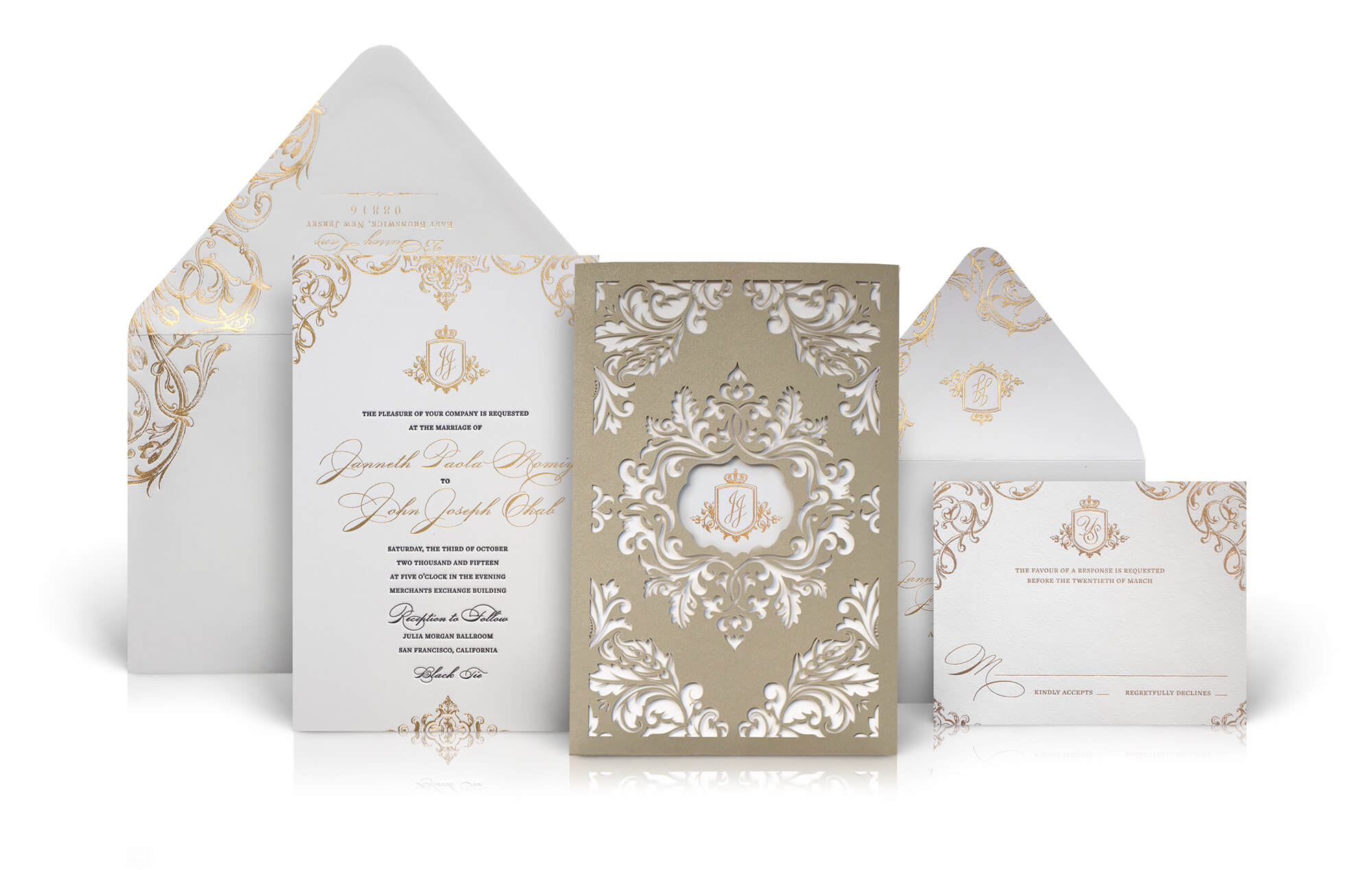 Ornate gold laser cut wedding invitation
